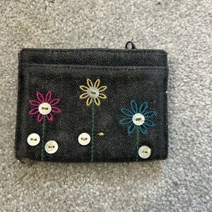 Unbranded  Women's Denim Floral Embroidered Crossbody Wallet with Button Accents